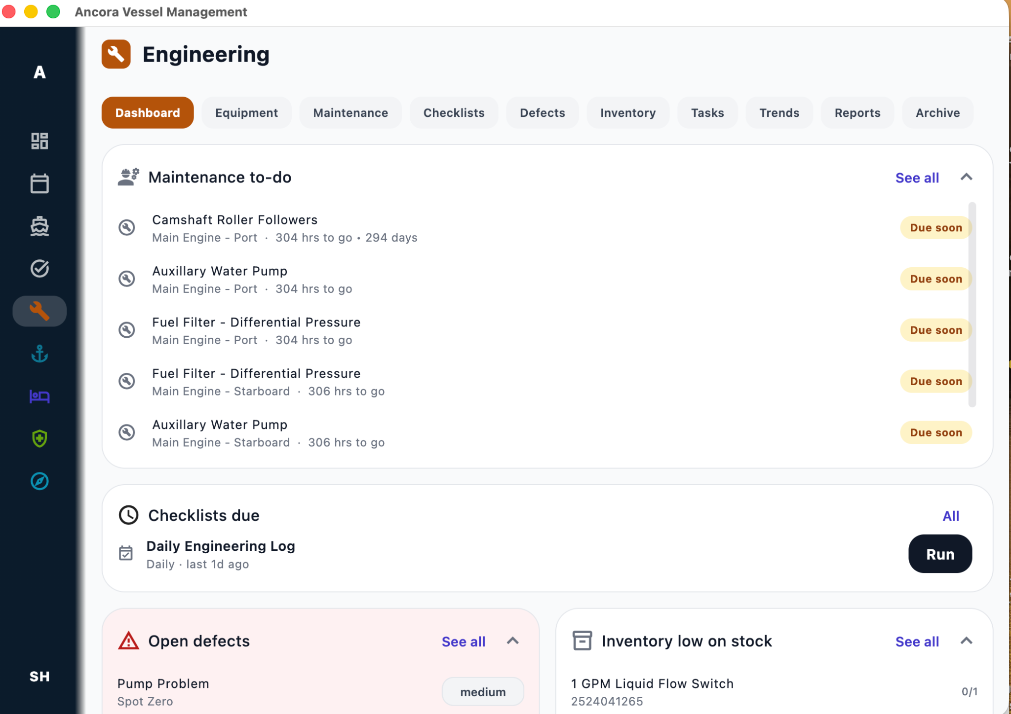 Ancora engineering dashboard showing maintenance due, defects and low inventory