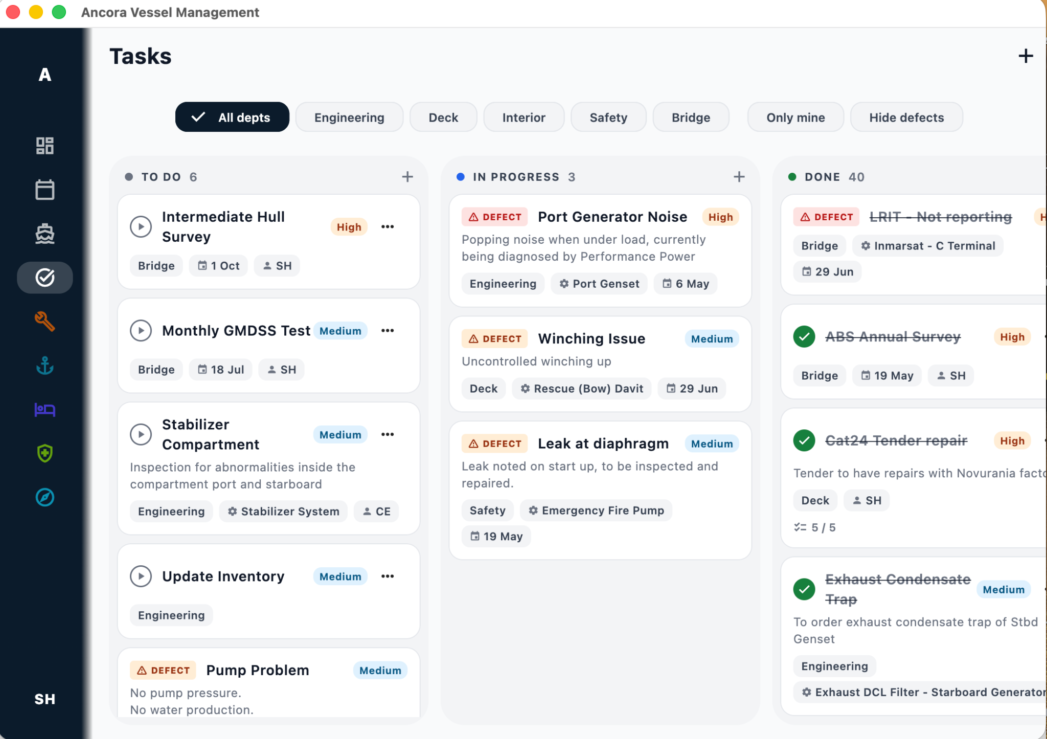 Ancora task board with to-do, in-progress and completed work